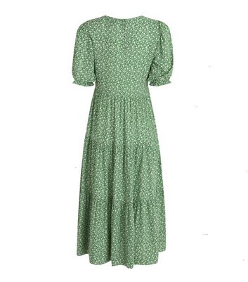 Green Ditsy Floral Puff Sleeve Midi ...